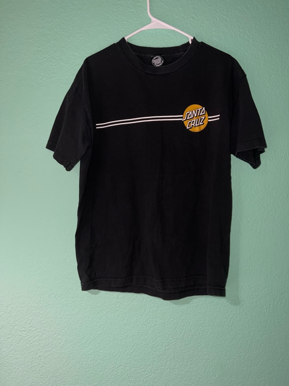 Santa Cruz Skateboards Black Tee with Yellow/Orange Logo and White Stripe